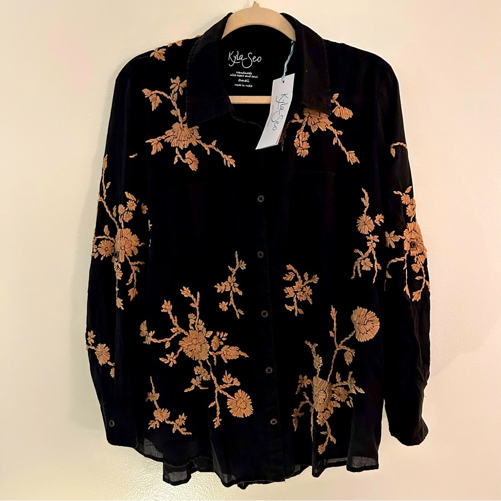Black Embroidered Button-Up Shirt - - Picture 4 of 9